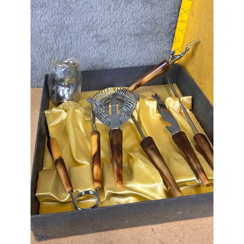 Vintage MCM Bar Tool Set USA Marked Faux Bakelite Marbled Handles Boxed 7-Piece